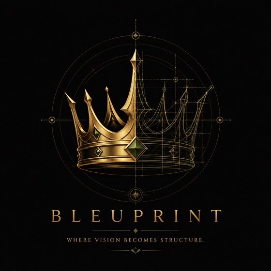Bleuprint crown logo with the words Where vision becomes structure